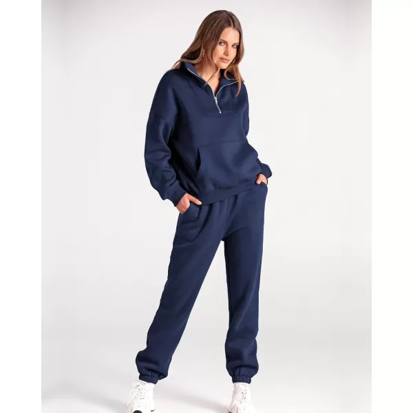 BTFBM Women 2 Piece Tracksuits Fall Winter 14 Zip Sweatshirt Jogger Pants Matching Lounge Sets Thick Sweatsuits PocketsSolid Navy