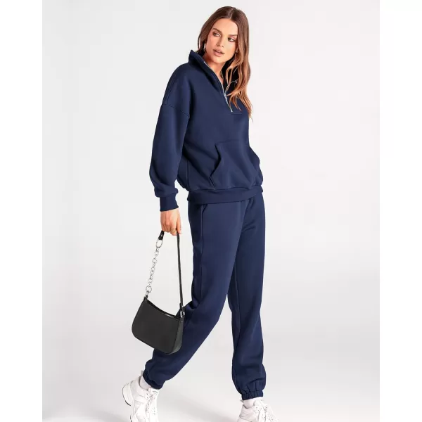 BTFBM Women 2 Piece Tracksuits Fall Winter 14 Zip Sweatshirt Jogger Pants Matching Lounge Sets Thick Sweatsuits PocketsSolid Navy