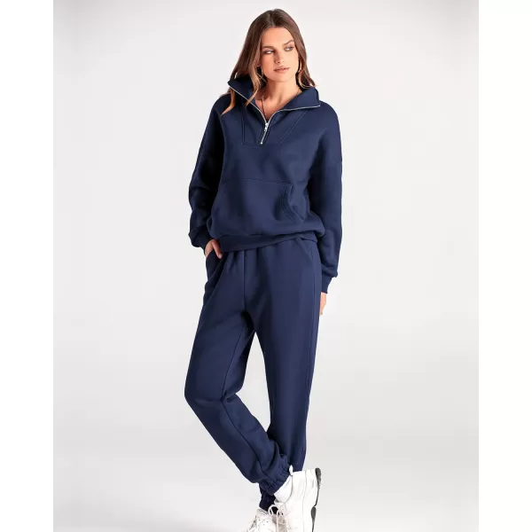 BTFBM Women 2 Piece Tracksuits Fall Winter 14 Zip Sweatshirt Jogger Pants Matching Lounge Sets Thick Sweatsuits PocketsSolid Navy