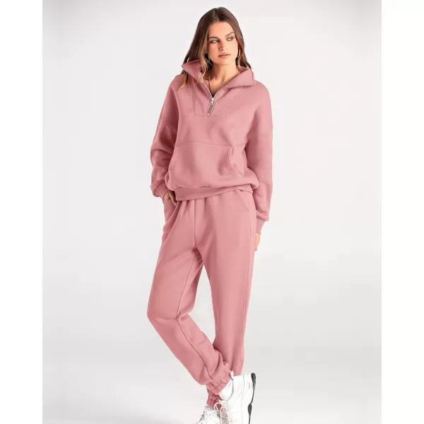 BTFBM Women 2 Piece Tracksuits Fall Winter 14 Zip Sweatshirt Jogger Pants Matching Lounge Sets Thick Sweatsuits PocketsSolid Pink