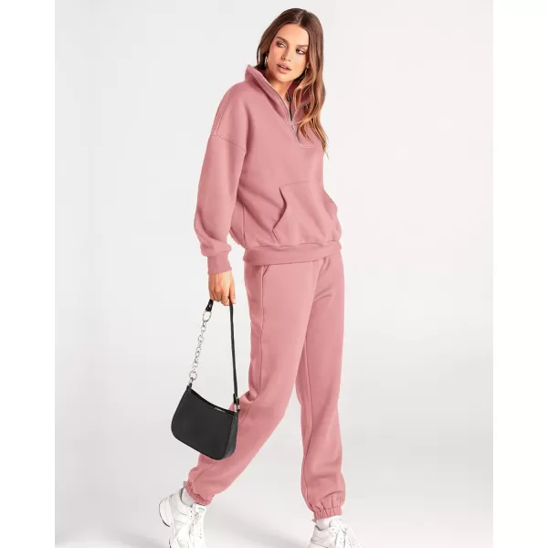 BTFBM Women 2 Piece Tracksuits Fall Winter 14 Zip Sweatshirt Jogger Pants Matching Lounge Sets Thick Sweatsuits PocketsSolid Pink
