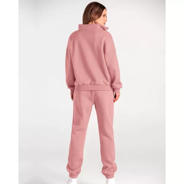 BTFBM Women 2 Piece Tracksuits Fall Winter 14 Zip Sweatshirt Jogger Pants Matching Lounge Sets Thick Sweatsuits PocketsSolid Pink