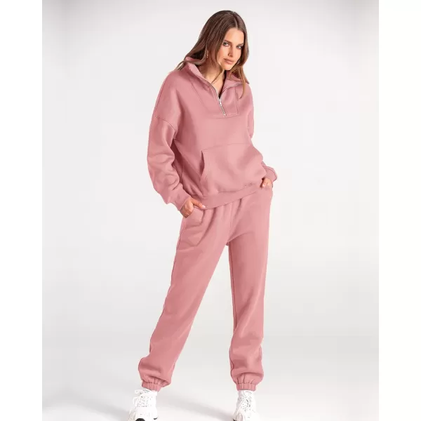 BTFBM Women 2 Piece Tracksuits Fall Winter 14 Zip Sweatshirt Jogger Pants Matching Lounge Sets Thick Sweatsuits PocketsSolid Pink