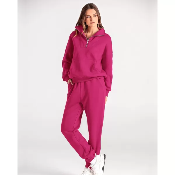 BTFBM Women 2 Piece Tracksuits Fall Winter 14 Zip Sweatshirt Jogger Pants Matching Lounge Sets Thick Sweatsuits PocketsSolid Rose Red