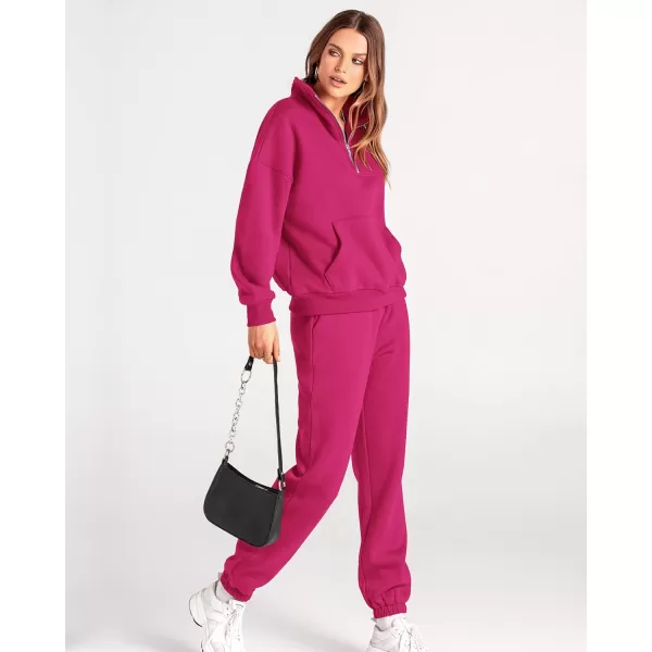BTFBM Women 2 Piece Tracksuits Fall Winter 14 Zip Sweatshirt Jogger Pants Matching Lounge Sets Thick Sweatsuits PocketsSolid Rose Red