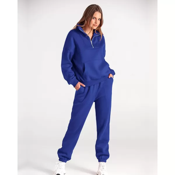 BTFBM Women 2 Piece Tracksuits Fall Winter 14 Zip Sweatshirt Jogger Pants Matching Lounge Sets Thick Sweatsuits PocketsSolid Royal Blue