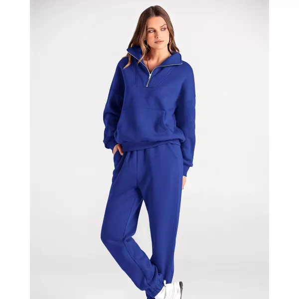 BTFBM Women 2 Piece Tracksuits Fall Winter 14 Zip Sweatshirt Jogger Pants Matching Lounge Sets Thick Sweatsuits PocketsSolid Royal Blue