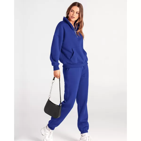 BTFBM Women 2 Piece Tracksuits Fall Winter 14 Zip Sweatshirt Jogger Pants Matching Lounge Sets Thick Sweatsuits PocketsSolid Royal Blue