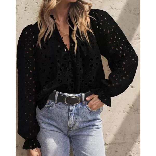 BTFBM Women Hollow Out Fall Tops 2024 Dressy Lace Eyelet Buttons V Neck Long Sleeve Casual Embroidery Boho Blouse ShirtsBlack