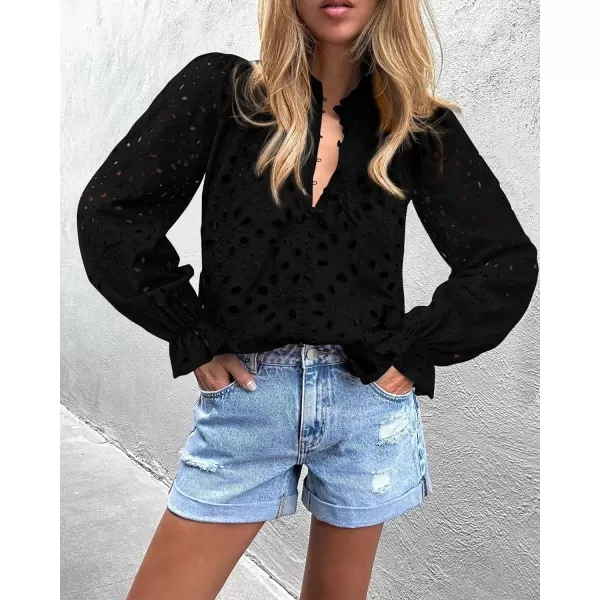 BTFBM Women Hollow Out Fall Tops 2024 Dressy Lace Eyelet Buttons V Neck Long Sleeve Casual Embroidery Boho Blouse ShirtsBlack