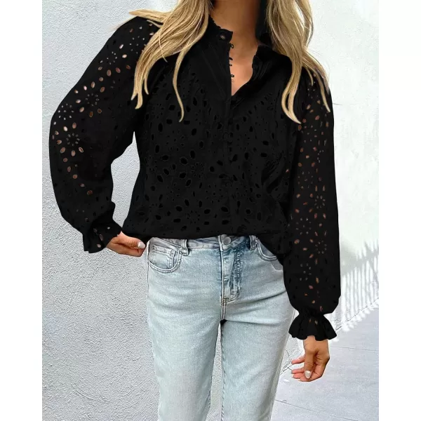 BTFBM Women Hollow Out Fall Tops 2024 Dressy Lace Eyelet Buttons V Neck Long Sleeve Casual Embroidery Boho Blouse ShirtsBlack