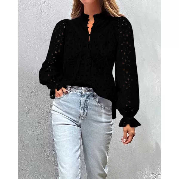 BTFBM Women Hollow Out Fall Tops 2024 Dressy Lace Eyelet Buttons V Neck Long Sleeve Casual Embroidery Boho Blouse ShirtsBlack