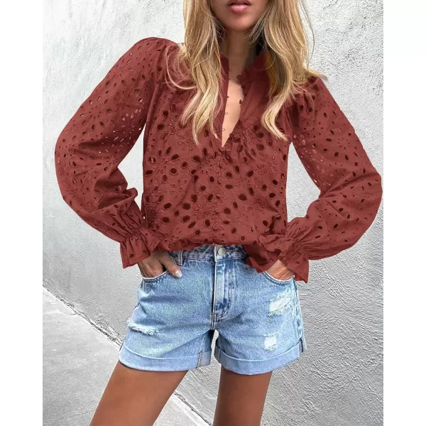 BTFBM Women Hollow Out Fall Tops 2024 Dressy Lace Eyelet Buttons V Neck Long Sleeve Casual Embroidery Boho Blouse ShirtsBrick Red