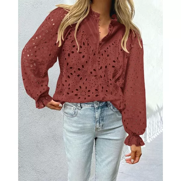 BTFBM Women Hollow Out Fall Tops 2024 Dressy Lace Eyelet Buttons V Neck Long Sleeve Casual Embroidery Boho Blouse ShirtsBrick Red