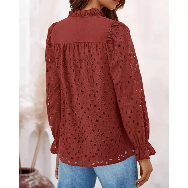 BTFBM Women Hollow Out Fall Tops 2024 Dressy Lace Eyelet Buttons V Neck Long Sleeve Casual Embroidery Boho Blouse ShirtsBrick Red