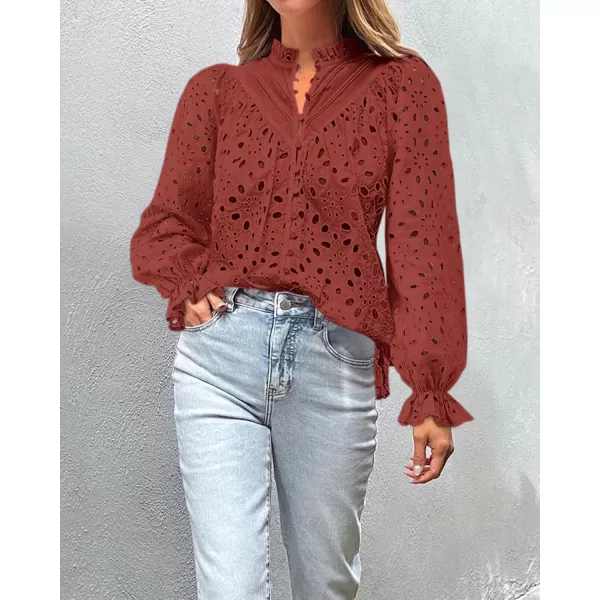 BTFBM Women Hollow Out Fall Tops 2024 Dressy Lace Eyelet Buttons V Neck Long Sleeve Casual Embroidery Boho Blouse ShirtsBrick Red