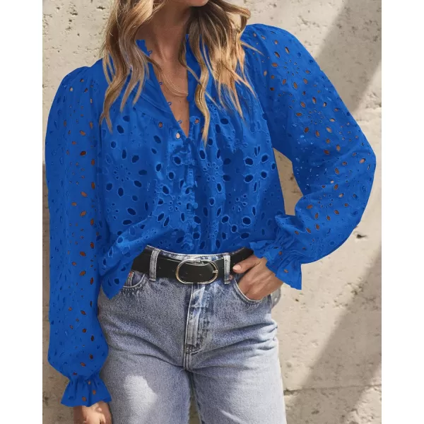 BTFBM Women Hollow Out Fall Tops 2024 Dressy Lace Eyelet Buttons V Neck Long Sleeve Casual Embroidery Boho Blouse ShirtsBrilliant Blue
