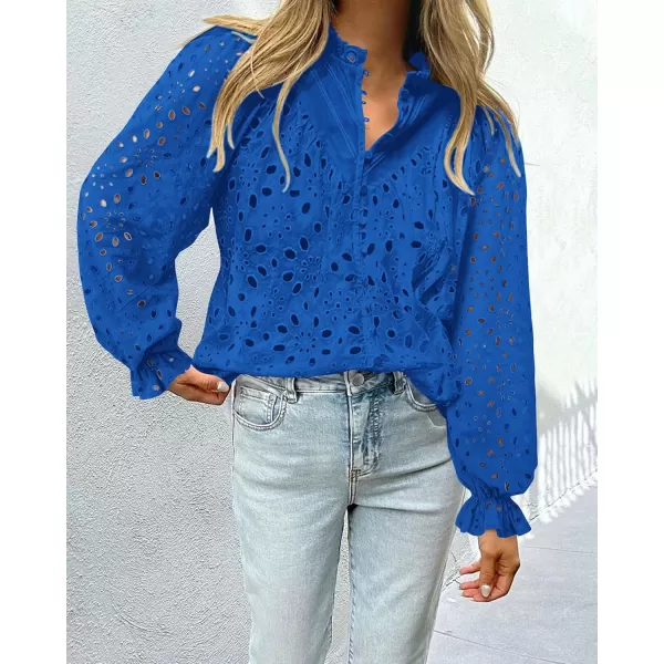 BTFBM Women Hollow Out Fall Tops 2024 Dressy Lace Eyelet Buttons V Neck Long Sleeve Casual Embroidery Boho Blouse ShirtsBrilliant Blue