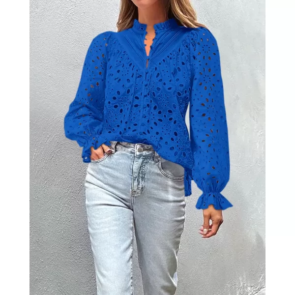 BTFBM Women Hollow Out Fall Tops 2024 Dressy Lace Eyelet Buttons V Neck Long Sleeve Casual Embroidery Boho Blouse ShirtsBrilliant Blue