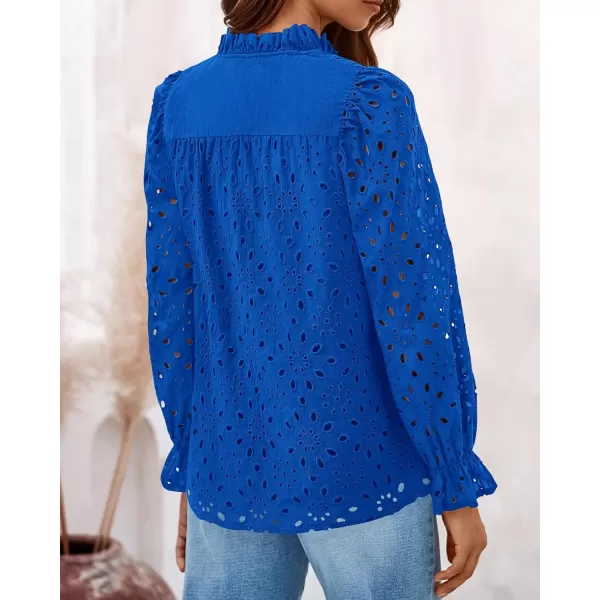 BTFBM Women Hollow Out Fall Tops 2024 Dressy Lace Eyelet Buttons V Neck Long Sleeve Casual Embroidery Boho Blouse ShirtsBrilliant Blue