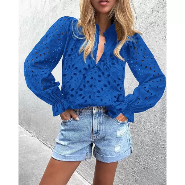 BTFBM Women Hollow Out Fall Tops 2024 Dressy Lace Eyelet Buttons V Neck Long Sleeve Casual Embroidery Boho Blouse ShirtsBrilliant Blue