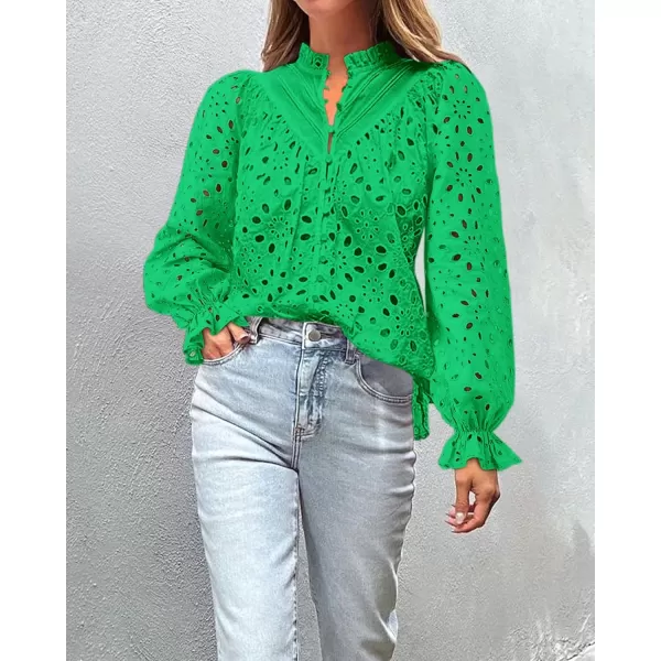 BTFBM Women Hollow Out Fall Tops 2024 Dressy Lace Eyelet Buttons V Neck Long Sleeve Casual Embroidery Boho Blouse ShirtsBrilliant Green