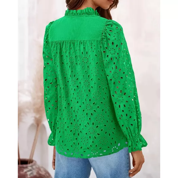 BTFBM Women Hollow Out Fall Tops 2024 Dressy Lace Eyelet Buttons V Neck Long Sleeve Casual Embroidery Boho Blouse ShirtsBrilliant Green