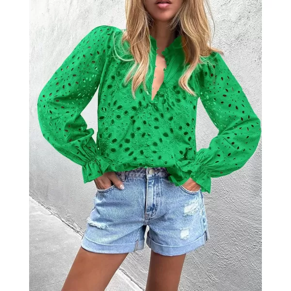BTFBM Women Hollow Out Fall Tops 2024 Dressy Lace Eyelet Buttons V Neck Long Sleeve Casual Embroidery Boho Blouse ShirtsBrilliant Green