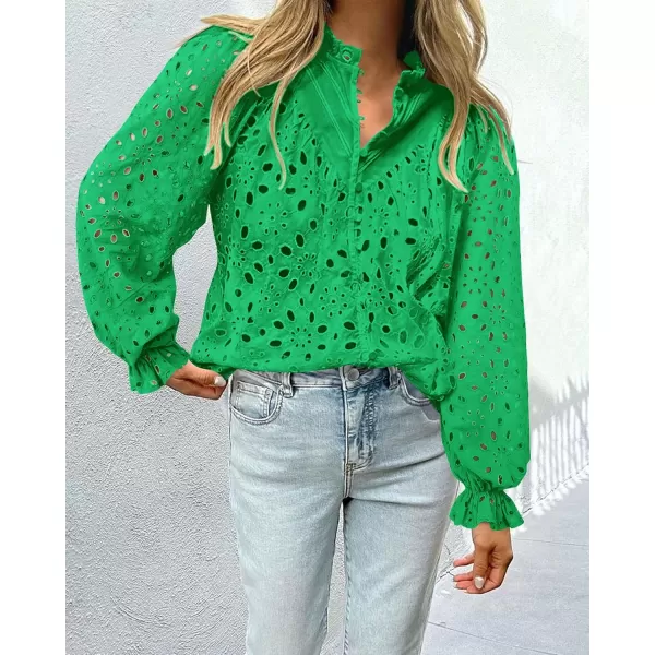 BTFBM Women Hollow Out Fall Tops 2024 Dressy Lace Eyelet Buttons V Neck Long Sleeve Casual Embroidery Boho Blouse ShirtsBrilliant Green