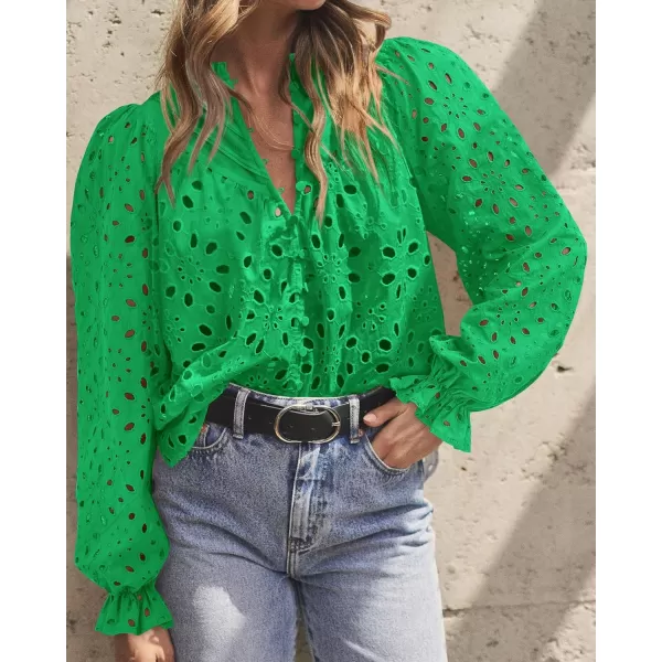 BTFBM Women Hollow Out Fall Tops 2024 Dressy Lace Eyelet Buttons V Neck Long Sleeve Casual Embroidery Boho Blouse ShirtsBrilliant Green