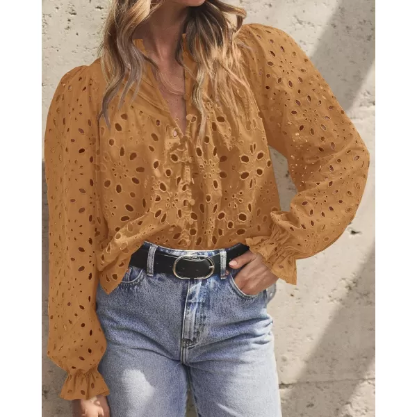 BTFBM Women Hollow Out Fall Tops 2024 Dressy Lace Eyelet Buttons V Neck Long Sleeve Casual Embroidery Boho Blouse ShirtsKhaki