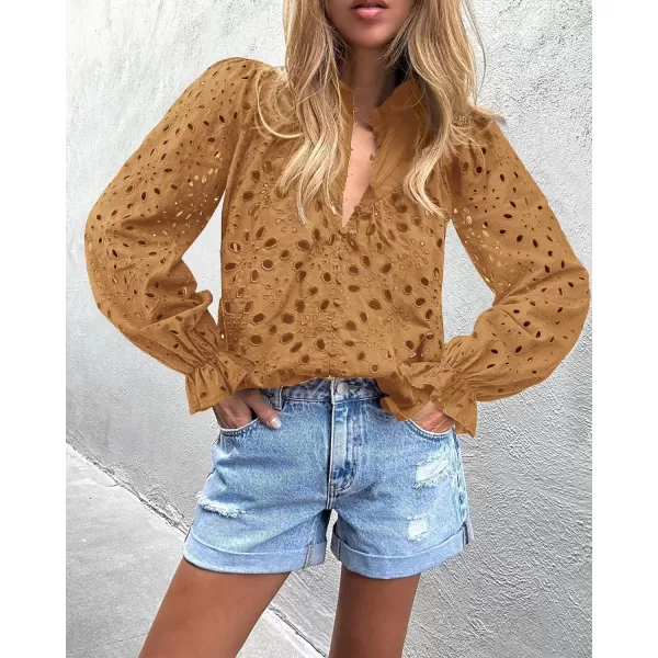 BTFBM Women Hollow Out Fall Tops 2024 Dressy Lace Eyelet Buttons V Neck Long Sleeve Casual Embroidery Boho Blouse ShirtsKhaki