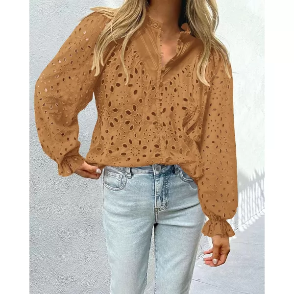 BTFBM Women Hollow Out Fall Tops 2024 Dressy Lace Eyelet Buttons V Neck Long Sleeve Casual Embroidery Boho Blouse ShirtsKhaki