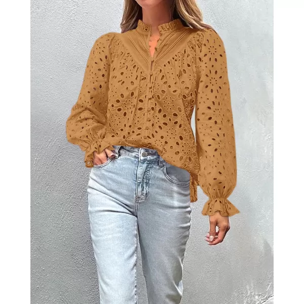 BTFBM Women Hollow Out Fall Tops 2024 Dressy Lace Eyelet Buttons V Neck Long Sleeve Casual Embroidery Boho Blouse ShirtsKhaki