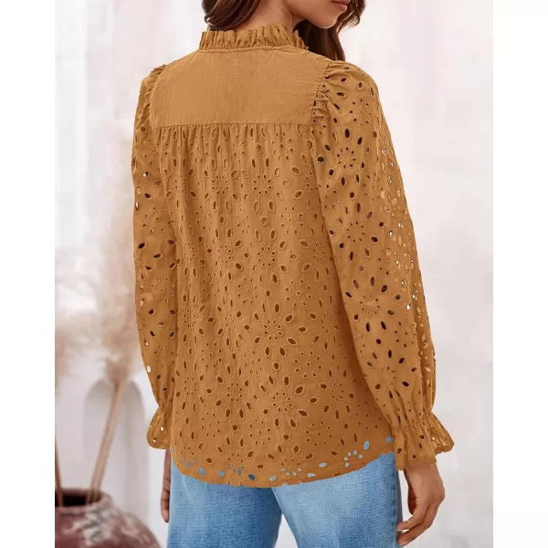 BTFBM Women Hollow Out Fall Tops 2024 Dressy Lace Eyelet Buttons V Neck Long Sleeve Casual Embroidery Boho Blouse ShirtsKhaki