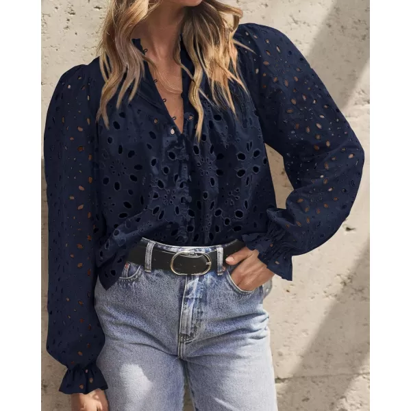 BTFBM Women Hollow Out Fall Tops 2024 Dressy Lace Eyelet Buttons V Neck Long Sleeve Casual Embroidery Boho Blouse ShirtsNavy