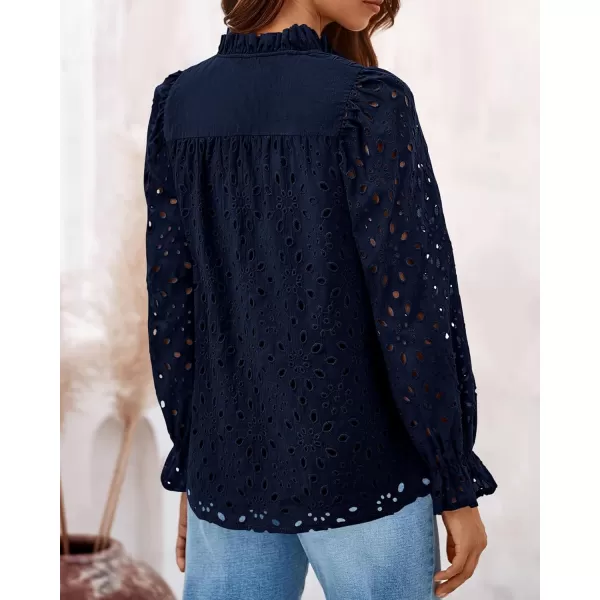 BTFBM Women Hollow Out Fall Tops 2024 Dressy Lace Eyelet Buttons V Neck Long Sleeve Casual Embroidery Boho Blouse ShirtsNavy