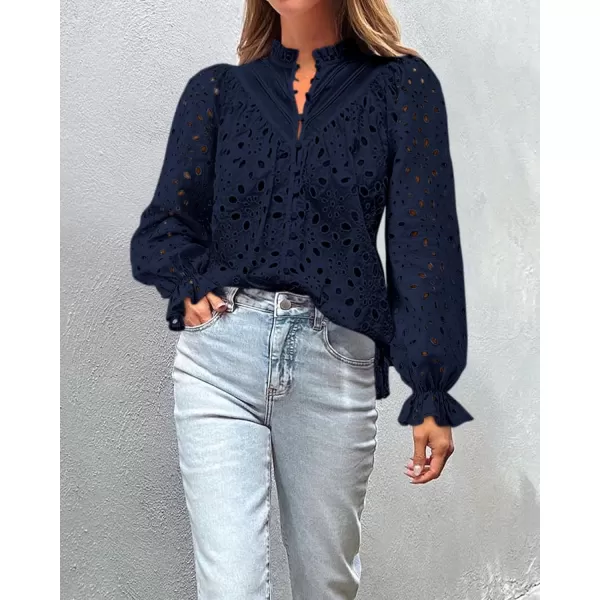 BTFBM Women Hollow Out Fall Tops 2024 Dressy Lace Eyelet Buttons V Neck Long Sleeve Casual Embroidery Boho Blouse ShirtsNavy