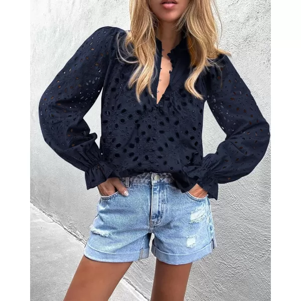 BTFBM Women Hollow Out Fall Tops 2024 Dressy Lace Eyelet Buttons V Neck Long Sleeve Casual Embroidery Boho Blouse ShirtsNavy