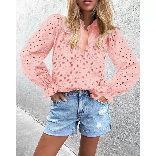 BTFBM Women Hollow Out Fall Tops 2024 Dressy Lace Eyelet Buttons V Neck Long Sleeve Casual Embroidery Boho Blouse ShirtsPink
