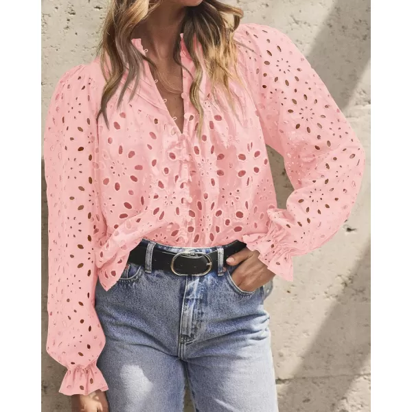 BTFBM Women Hollow Out Fall Tops 2024 Dressy Lace Eyelet Buttons V Neck Long Sleeve Casual Embroidery Boho Blouse ShirtsPink