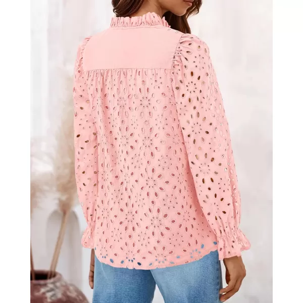 BTFBM Women Hollow Out Fall Tops 2024 Dressy Lace Eyelet Buttons V Neck Long Sleeve Casual Embroidery Boho Blouse ShirtsPink