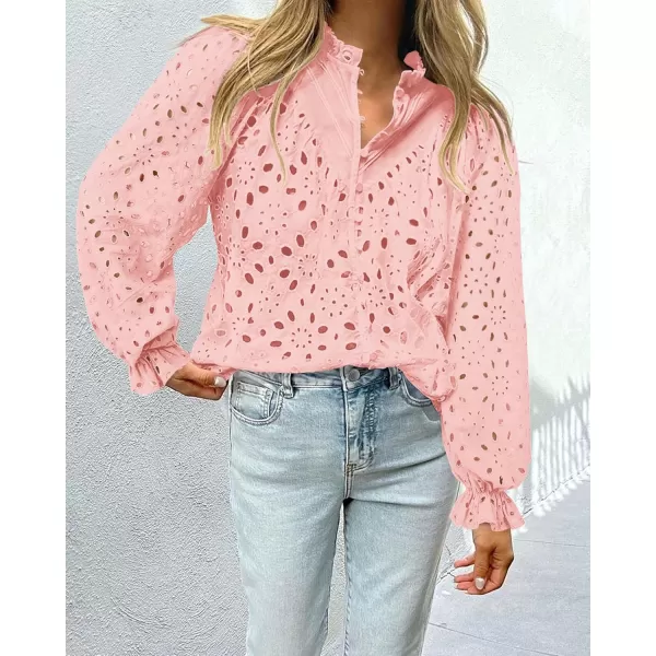 BTFBM Women Hollow Out Fall Tops 2024 Dressy Lace Eyelet Buttons V Neck Long Sleeve Casual Embroidery Boho Blouse ShirtsPink