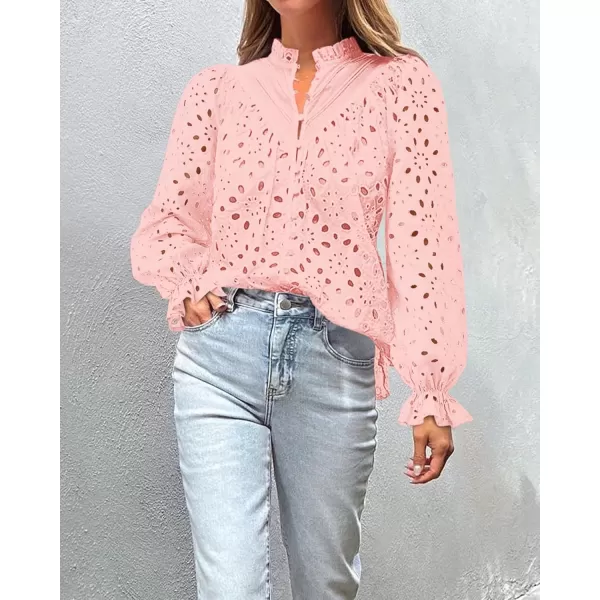 BTFBM Women Hollow Out Fall Tops 2024 Dressy Lace Eyelet Buttons V Neck Long Sleeve Casual Embroidery Boho Blouse ShirtsPink