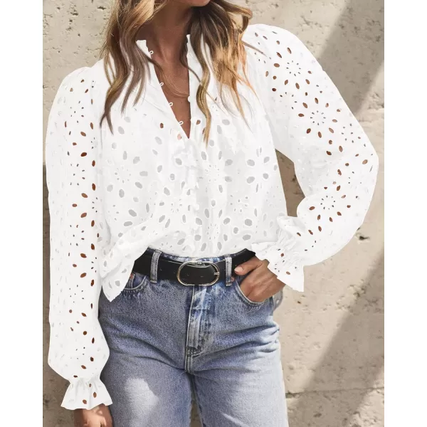 BTFBM Women Hollow Out Fall Tops 2024 Dressy Lace Eyelet Buttons V Neck Long Sleeve Casual Embroidery Boho Blouse ShirtsWhite