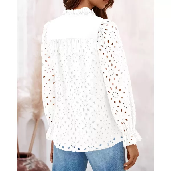 BTFBM Women Hollow Out Fall Tops 2024 Dressy Lace Eyelet Buttons V Neck Long Sleeve Casual Embroidery Boho Blouse ShirtsWhite