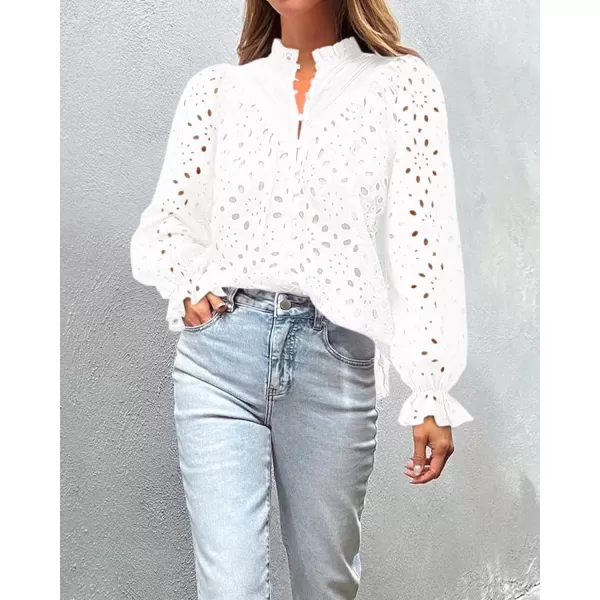 BTFBM Women Hollow Out Fall Tops 2024 Dressy Lace Eyelet Buttons V Neck Long Sleeve Casual Embroidery Boho Blouse ShirtsWhite