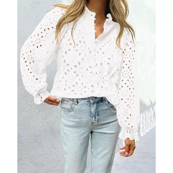 BTFBM Women Hollow Out Fall Tops 2024 Dressy Lace Eyelet Buttons V Neck Long Sleeve Casual Embroidery Boho Blouse ShirtsWhite