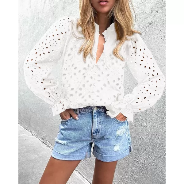 BTFBM Women Hollow Out Fall Tops 2024 Dressy Lace Eyelet Buttons V Neck Long Sleeve Casual Embroidery Boho Blouse ShirtsWhite