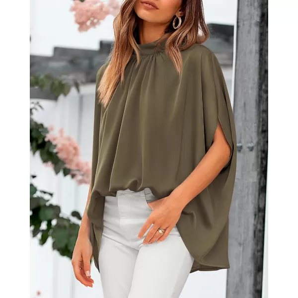 BTFBM Women Mock Neck Batwing Short Sleeve Summer Tops 2024 Spring Loose High Low Hem Casual Oversize Blouses Shirts TopSolid Army Green